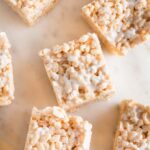 Overhead image of extra thick rice Krispie treats made with brown butter and extra marshmallows.