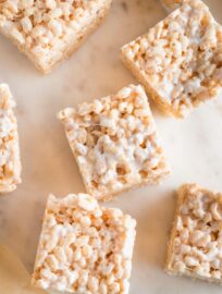 Overhead image of extra thick rice Krispie treats made with brown butter and extra marshmallows.