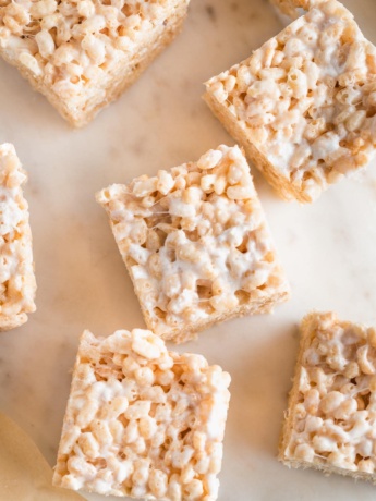 Overhead image of extra thick rice Krispie treats made with brown butter and extra marshmallows.