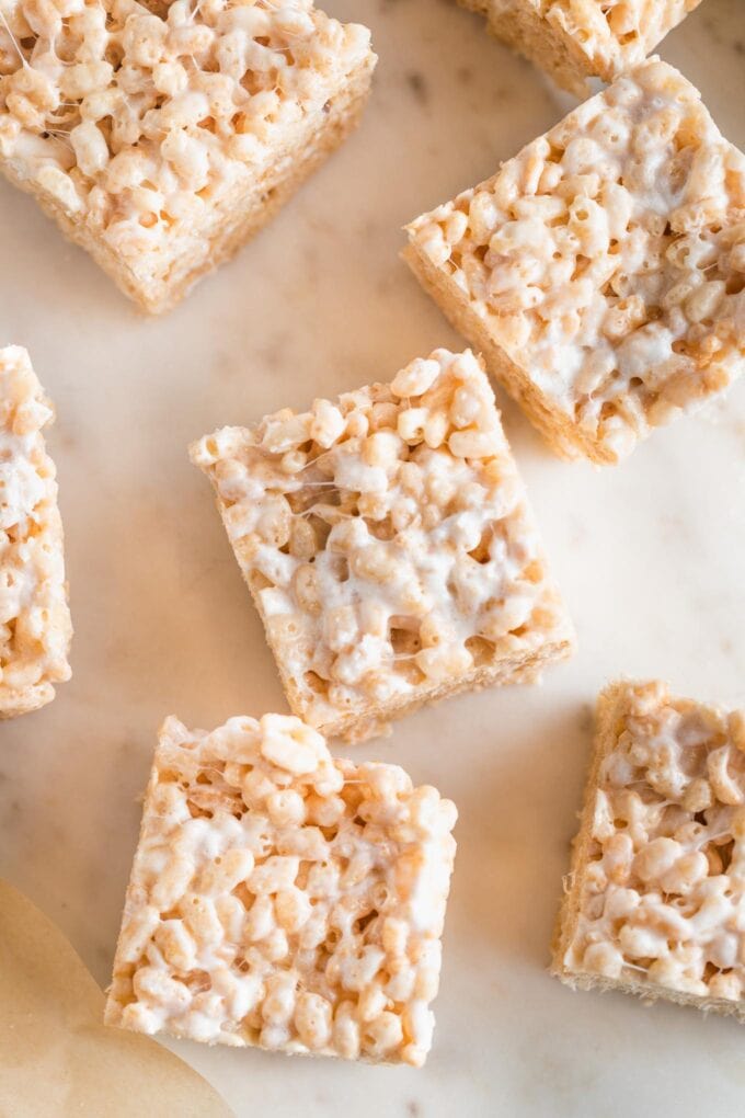 Overhead image of extra thick rice Krispie treats made with brown butter and extra marshmallows.