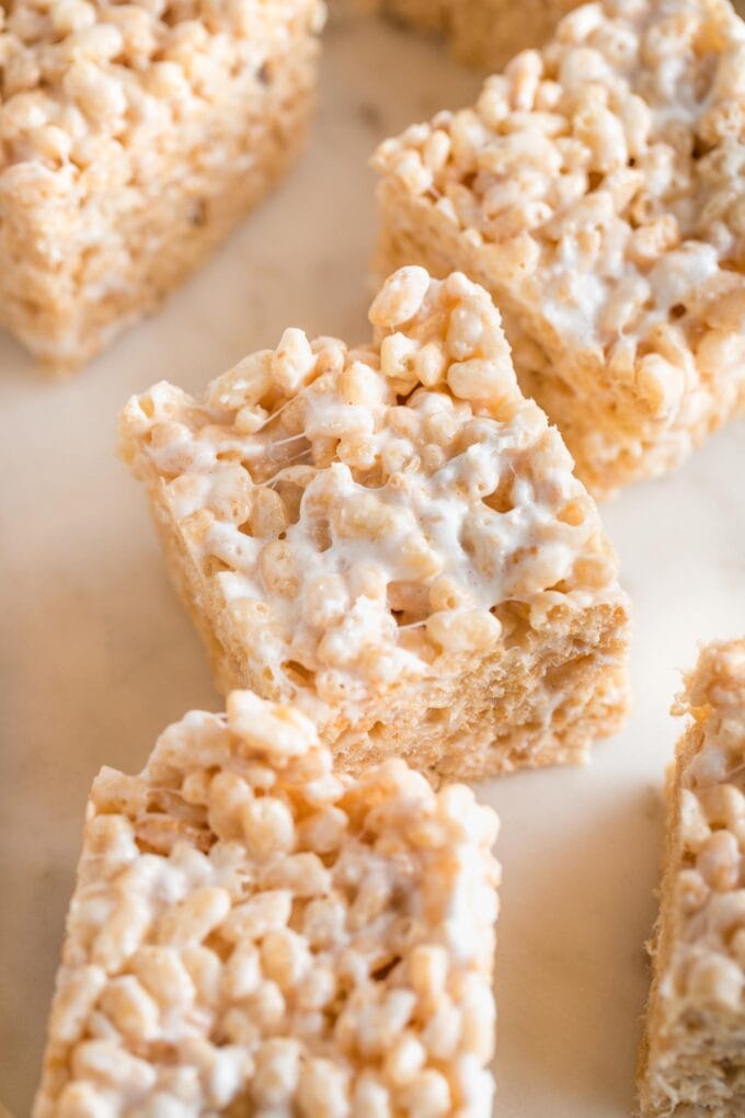 Angled close-up of a brown butter rice Krispie treat.