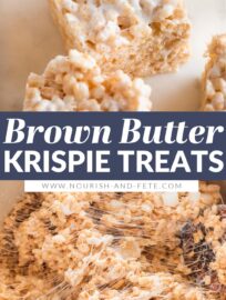 Better than the back-of-the-box, these Brown Butter Rice Krispie Treats are thick, chewy, and extra delicious, thanks to nutty browned butter, a pinch of sea salt, and bonus pockets of soft marshmallows swirled throughout. Don't worry: they're every bit as quick and easy to make as the original.