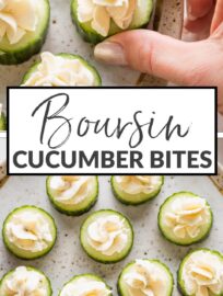 Boursin Cucumber Bites are a quick and easy appetizer that look pretty, taste delicious, and provide some variety from typical party foods. You'll love the contrast of crisp cucumber with creamy garlic- and herb-infused cheese. They can be made up to six hours ahead of time.