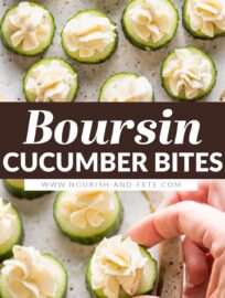 Boursin Cucumber Bites are a quick and easy appetizer that look pretty, taste delicious, and provide some variety from typical party foods. You'll love the contrast of crisp cucumber with creamy garlic- and herb-infused cheese. They can be made up to six hours ahead of time.
