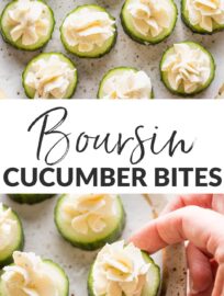 Boursin Cucumber Bites are a quick and easy appetizer that look pretty, taste delicious, and provide some variety from typical party foods. You'll love the contrast of crisp cucumber with creamy garlic- and herb-infused cheese. They can be made up to six hours ahead of time.