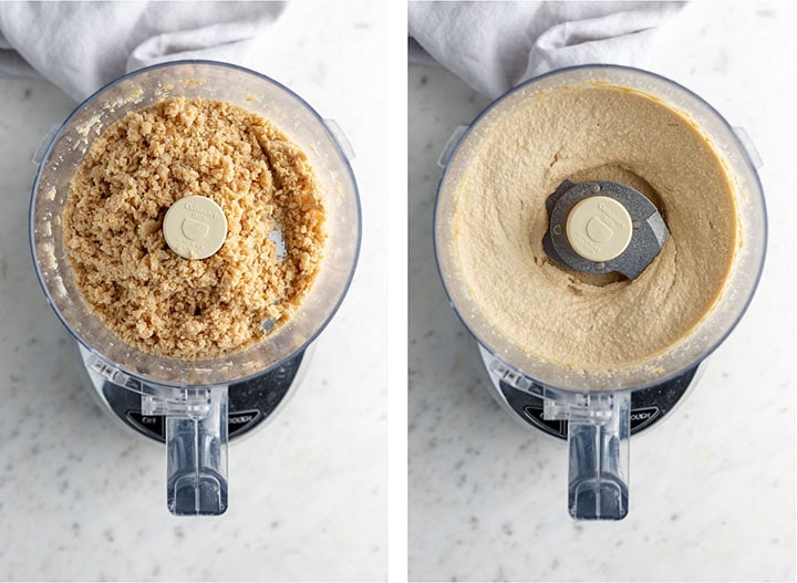 Step by step photos of chickpeas being broken down, then mixed with tahini, olive oil, lemon juice, and water to form hummus.