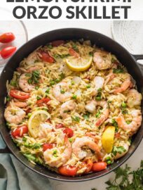 One Pot Lemon Shrimp Orzo is ridiculously tasty and ridiculously easy to make. With tender orzo, plump shrimp, and simple veggies mixed in, this is a true one pan, 30 minute meal you will love.