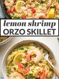 One Pot Lemon Shrimp Orzo is ridiculously tasty and ridiculously easy to make. With tender orzo, plump shrimp, and simple veggies mixed in, this is a true one pan, 30 minute meal you will love.