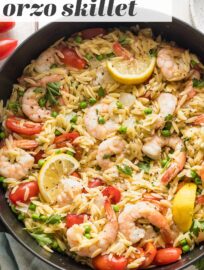 One Pot Lemon Shrimp Orzo is ridiculously tasty and ridiculously easy to make. With tender orzo, plump shrimp, and simple veggies mixed in, this is a true one pan, 30 minute meal you will love.