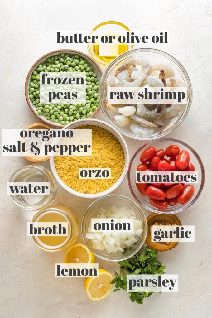 Labeled photo of prep bowls holding dried orzo, raw shrimp, cherry tomatoes, chopped onion, frozen peas, butter, olive oil, minced garlic, fresh parsley, lemon halves, broth, water, and spices.
