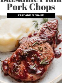 Balsamic Plum Pork Chops are deliciously seasoned, pan-seared, and nestled in a simple sauce of fresh plums, balsamic vinegar, a hint of brown sugar, and woodsy rosemary. We love a restaurant-worthy meal with just a few ingredients, and this one feels elegant yet is easy to make at home!