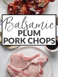Balsamic Plum Pork Chops are deliciously seasoned, pan-seared, and nestled in a simple sauce of fresh plums, balsamic vinegar, a hint of brown sugar, and woodsy rosemary. We love a restaurant-worthy meal with just a few ingredients, and this one feels elegant yet is easy to make at home!