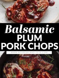 Balsamic Plum Pork Chops are deliciously seasoned, pan-seared, and nestled in a simple sauce of fresh plums, balsamic vinegar, a hint of brown sugar, and woodsy rosemary. We love a restaurant-worthy meal with just a few ingredients, and this one feels elegant yet is easy to make at home!