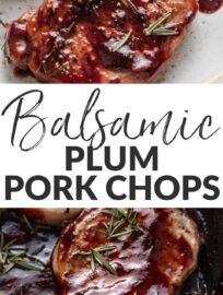 Balsamic Plum Pork Chops are deliciously seasoned, pan-seared, and nestled in a simple sauce of fresh plums, balsamic vinegar, a hint of brown sugar, and woodsy rosemary. We love a restaurant-worthy meal with just a few ingredients, and this one feels elegant yet is easy to make at home!