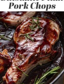 Balsamic Plum Pork Chops are deliciously seasoned, pan-seared, and nestled in a simple sauce of fresh plums, balsamic vinegar, a hint of brown sugar, and woodsy rosemary. We love a restaurant-worthy meal with just a few ingredients, and this one feels elegant yet is easy to make at home!