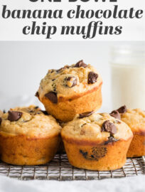 This quick and easy recipe delivers tender, moist banana chocolate chip muffins that are perfectly sweet and studded with irresistible pockets of chocolate! We use Greek yogurt for a healthy swap, too. This is the best way to transform overripe bananas into a tasty breakfast, snack, or treat!