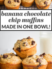 This quick and easy recipe delivers tender, moist banana chocolate chip muffins that are perfectly sweet and studded with irresistible pockets of chocolate! We use Greek yogurt for a healthy swap, too. This is the best way to transform overripe bananas into a tasty breakfast, snack, or treat!