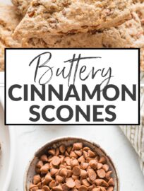 These Cinnamon Scones are buttery, tender, and bursting with warm spices and cinnamon chips. These rival anything from your local coffee shop, are super easy to make, and pair perfectly with morning coffee or afternoon tea.