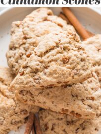 These Cinnamon Scones are buttery, tender, and bursting with warm spices and cinnamon chips. These rival anything from your local coffee shop, are super easy to make, and pair perfectly with morning coffee or afternoon tea.