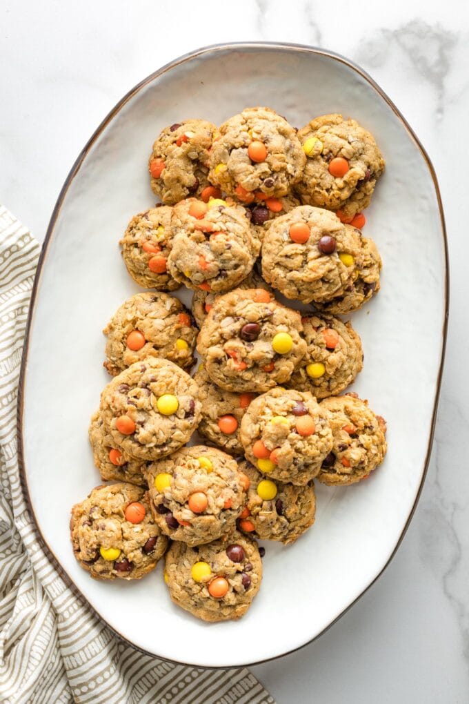 White tray with monster cookies.