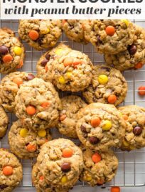 Thick, chewy monster cookies studded with oats, chocolate chips, and a generous scoop of Reese's pieces for extra peanut butter flavor. This quick and easy recipes is perfect for the peanut butter lover in your life!