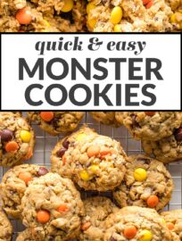 Thick, chewy monster cookies studded with oats, chocolate chips, and a generous scoop of Reese's pieces for extra peanut butter flavor. This quick and easy recipes is perfect for the peanut butter lover in your life!