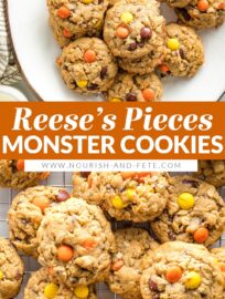 Thick, chewy monster cookies studded with oats, chocolate chips, and a generous scoop of Reese's pieces for extra peanut butter flavor. This quick and easy recipes is perfect for the peanut butter lover in your life!