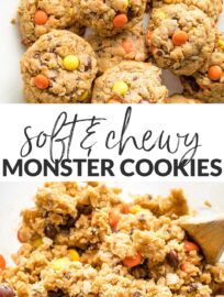 Thick, chewy monster cookies studded with oats, chocolate chips, and a generous scoop of Reese's pieces for extra peanut butter flavor. This quick and easy recipes is perfect for the peanut butter lover in your life!