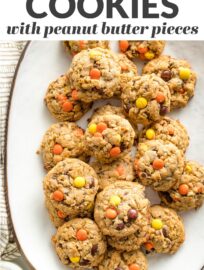 Thick, chewy monster cookies studded with oats, chocolate chips, and a generous scoop of Reese's pieces for extra peanut butter flavor. This quick and easy recipes is perfect for the peanut butter lover in your life!