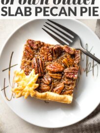 Made with maple syrup, brown butter, and a hint of bourbon, this Pecan Slab Pie has the best flavor and is an easier way to feed your pecan pie-loving crowd at Thanksgiving or any special occasion.