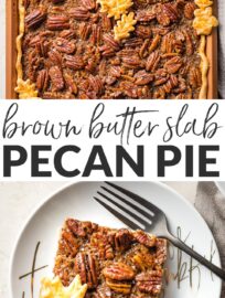 Made with maple syrup, brown butter, and a hint of bourbon, this Pecan Slab Pie has the best flavor and is an easier way to feed your pecan pie-loving crowd at Thanksgiving or any special occasion.