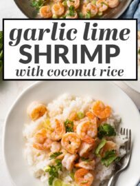 Make these delicious garlic lime shrimp and win dinner tonight! This easy recipe is ready in 25 minutes, even starting with frozen shrimp, and includes a surprisingly simple citrus pan sauce, fluffy coconut rice, and a sprinkling of fresh cilantro.