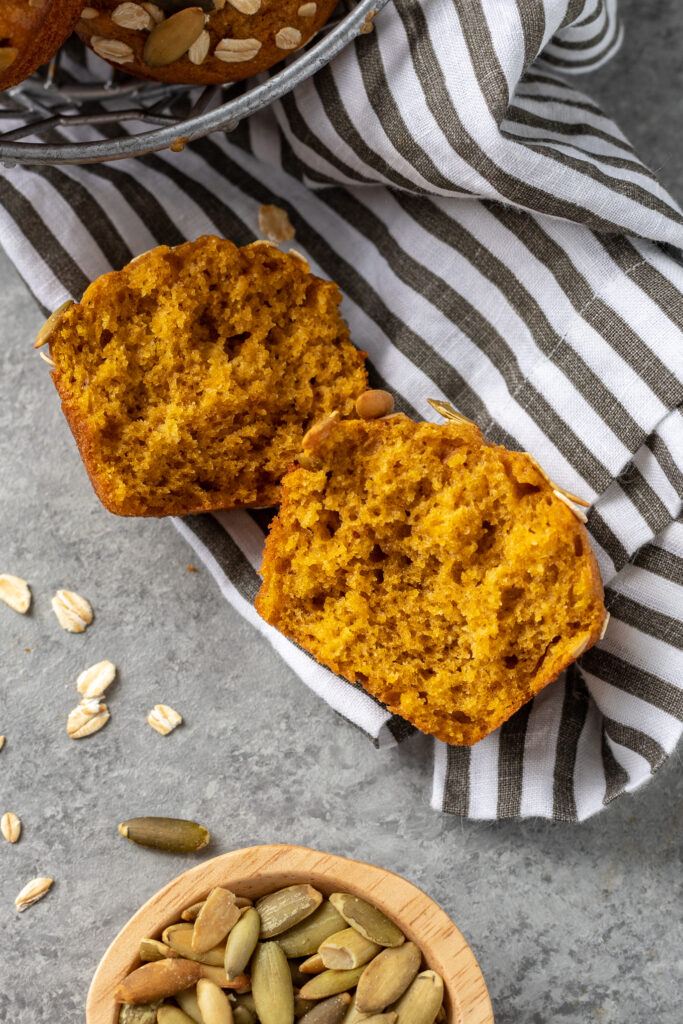 Close-up of the inside of a pumpkin muffin.