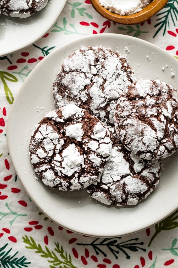 Close-up of chocolate crinkles on a plate.
