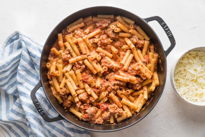 Pasta and sauce in a large skillet.