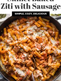 My family loves a cozy plate of this Skillet Baked Ziti, and I love how quick and easy it is to make from scratch. With tender pasta, flavorful Italian sausage and herbs, and plenty of stretchy cheese in every bite, this is a comfort food classic you can enjoy any night. Ready in about 30 minutes.