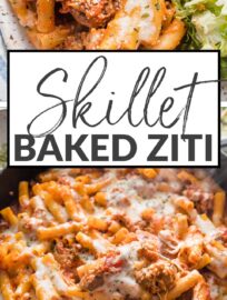 My family loves a cozy plate of this Skillet Baked Ziti, and I love how quick and easy it is to make from scratch. With tender pasta, flavorful Italian sausage and herbs, and plenty of stretchy cheese in every bite, this is a comfort food classic you can enjoy any night. Ready in about 30 minutes.