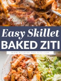 My family loves a cozy plate of this Skillet Baked Ziti, and I love how quick and easy it is to make from scratch. With tender pasta, flavorful Italian sausage and herbs, and plenty of stretchy cheese in every bite, this is a comfort food classic you can enjoy any night. Ready in about 30 minutes.