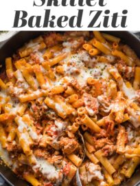 My family loves a cozy plate of this Skillet Baked Ziti, and I love how quick and easy it is to make from scratch. With tender pasta, flavorful Italian sausage and herbs, and plenty of stretchy cheese in every bite, this is a comfort food classic you can enjoy any night. Ready in about 30 minutes.