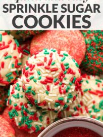 These no-roll, no-cut sugar cookies have a smidge of cream cheese to guarantee a smooth, light texture and are coated in beautiful red and green sprinkles for a festive addition to your cookie tray. This recipe is fun and foolproof!