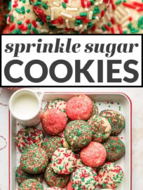 These no-roll, no-cut sugar cookies have a smidge of cream cheese to guarantee a smooth, light texture and are coated in beautiful red and green sprinkles for a festive addition to your cookie tray. This recipe is fun and foolproof!