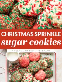 These no-roll, no-cut sugar cookies have a smidge of cream cheese to guarantee a smooth, light texture and are coated in beautiful red and green sprinkles for a festive addition to your cookie tray. This recipe is fun and foolproof!