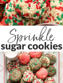 These no-roll, no-cut sugar cookies have a smidge of cream cheese to guarantee a smooth, light texture and are coated in beautiful red and green sprinkles for a festive addition to your cookie tray. This recipe is fun and foolproof!