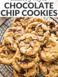 Tested and perfected, these soft, chewy Bakery Style Chocolate Chip Cookies have delightful rugged tops, buttery brown sugar flavor, and rich chocolate in every wonderful bite. This recipe is easy to make, with no odd ingredients or dough chilling required, and takes just 30 minutes. These are the cookies that will make you famous!