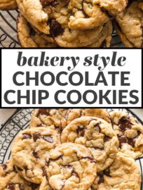 Tested and perfected, these soft, chewy Bakery Style Chocolate Chip Cookies have delightful rugged tops, buttery brown sugar flavor, and rich chocolate in every wonderful bite. This recipe is easy to make, with no odd ingredients or dough chilling required, and takes just 30 minutes. These are the cookies that will make you famous!