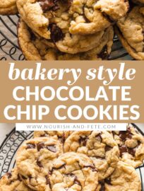 Tested and perfected, these soft, chewy Bakery Style Chocolate Chip Cookies have delightful rugged tops, buttery brown sugar flavor, and rich chocolate in every wonderful bite. This recipe is easy to make, with no odd ingredients or dough chilling required, and takes just 30 minutes. These are the cookies that will make you famous!