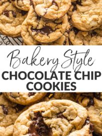 Tested and perfected, these soft, chewy Bakery Style Chocolate Chip Cookies have delightful rugged tops, buttery brown sugar flavor, and rich chocolate in every wonderful bite. This recipe is easy to make, with no odd ingredients or dough chilling required, and takes just 30 minutes. These are the cookies that will make you famous!