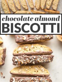 Chocolate-Dipped Almond Biscotti are crunchy, nutty, sweet Italian cookie bliss. Twice-baked and perfect for dunking into a hot cup of coffee or tea, biscotti are an easy and fun treat to make at home.