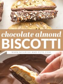 Chocolate-Dipped Almond Biscotti are crunchy, nutty, sweet Italian cookie bliss. Twice-baked and perfect for dunking into a hot cup of coffee or tea, biscotti are an easy and fun treat to make at home.