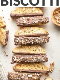 Chocolate-Dipped Almond Biscotti are crunchy, nutty, sweet Italian cookie bliss. Twice-baked and perfect for dunking into a hot cup of coffee or tea, biscotti are an easy and fun treat to make at home.